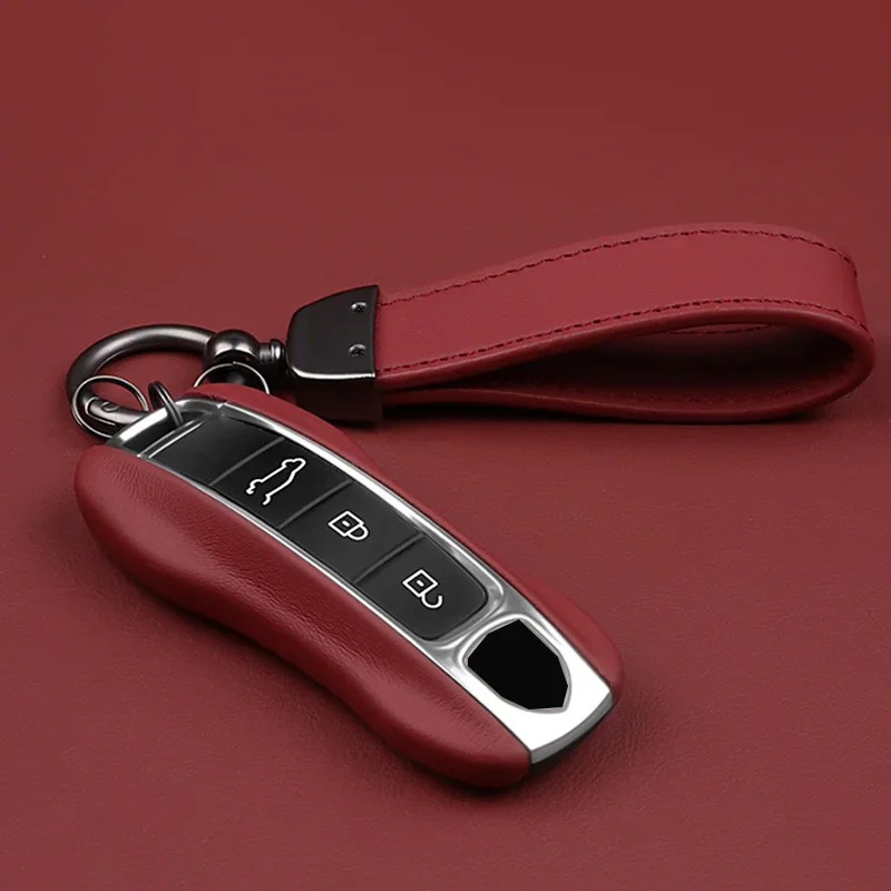 

Luxury Genuine Leather for Porsche Boxster Cayman Panamera Cayenne Macan 718/911 Taycan Car Key Case Cover Protective Keychain