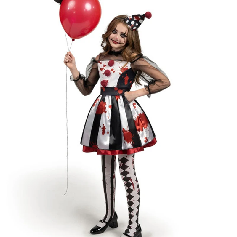 

NEW Purim Bloody Jester Clown For Girl Costume Broken Voodoo Doll Spooktacular Cosplay Carnival Halloween Fancy Party Dress