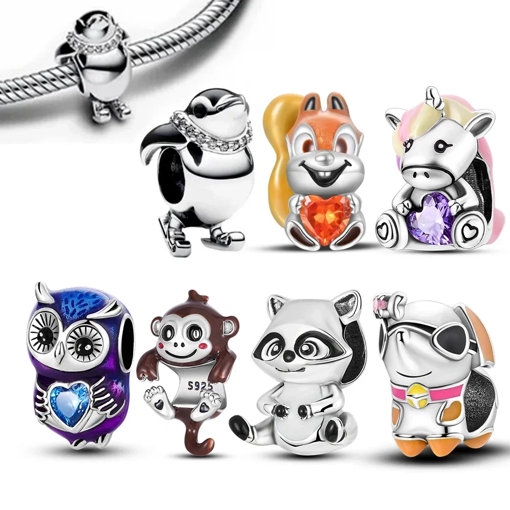 sterling silver 925 animal pet series charm penguin owl hugging heart beads for women's bracelet diy jewelry making gift