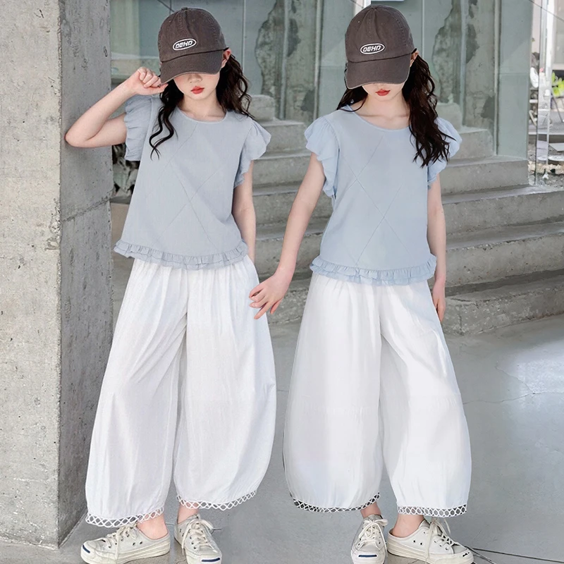 

Girls Summer Clothing Set Children Flutter Sleeve Doll Blouse + Casual Lantern Pants Two-Piece Set 2025 New