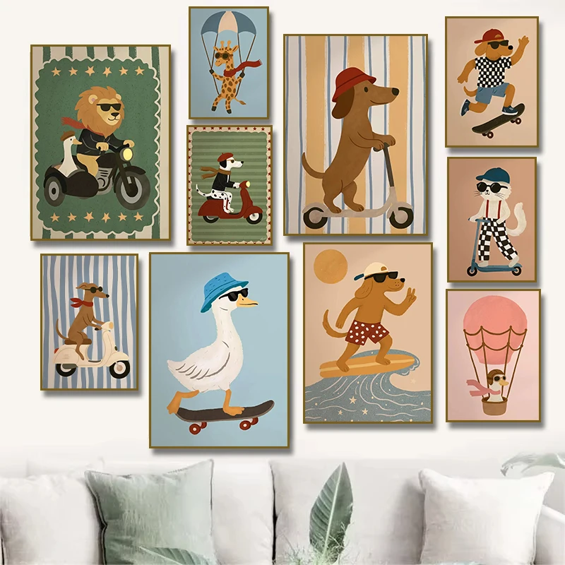 

1 шт. безрамная картина на холсте: Милый пес-скейтбордист, такса, утка, гусь, воздушный шар. Забавные мультяшные принты на холсте, постер.