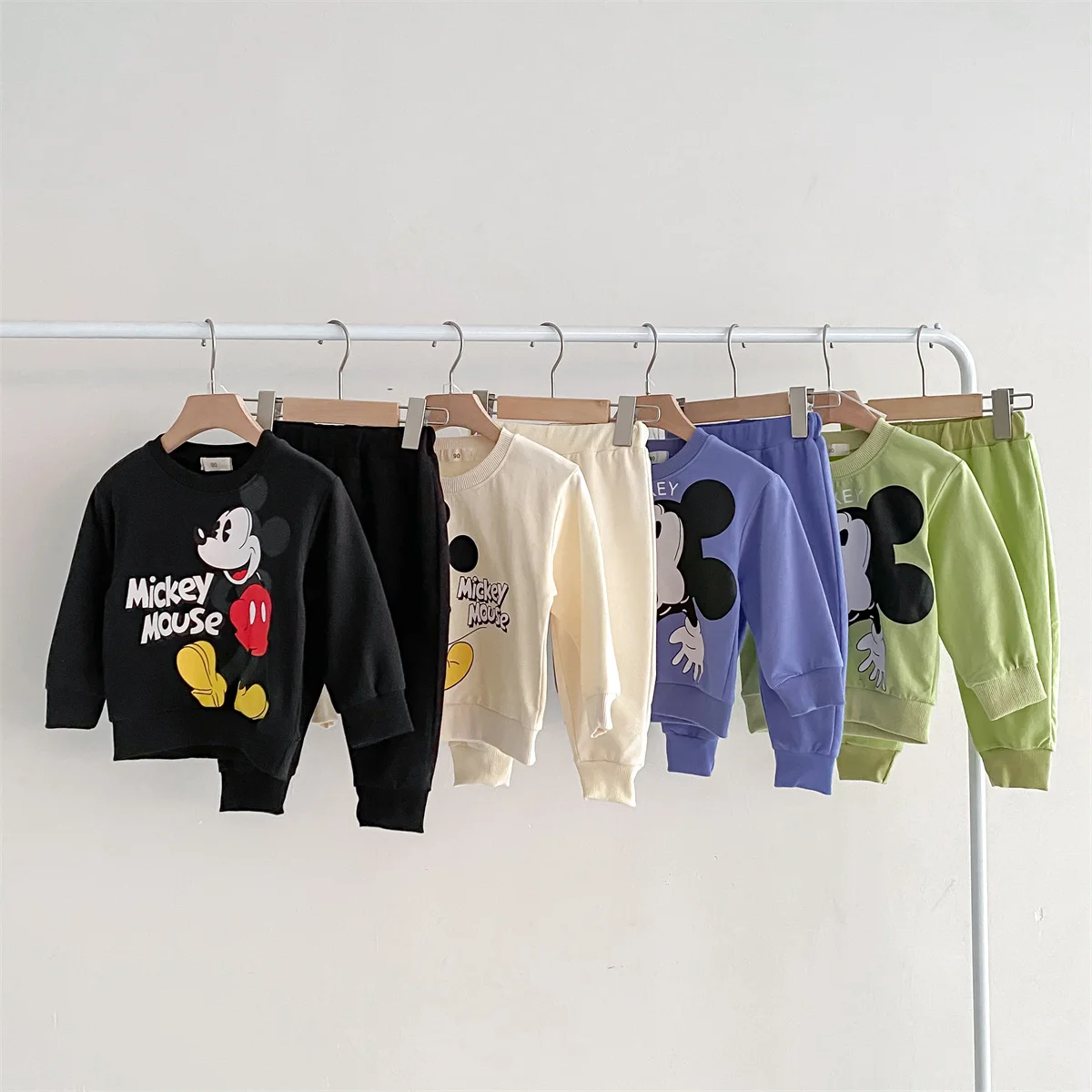 Disney Mickey Children\' Tracksuit Cartoon Fashion Loose Baby Girl Boy Long Sleeve Crewneck Hoodies + Pants Two Piece Set Clothes