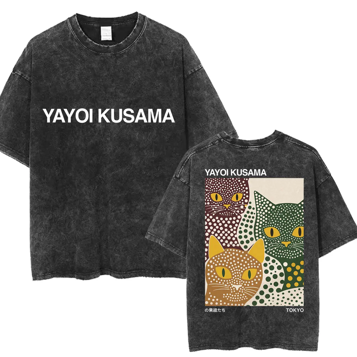 Washed Japan Style Yayoi Kusama Artist Polka Dot Cat T-Shirt Men Women Art T Shirts Oversized Cotton O-Neck T-shirts Streetwear