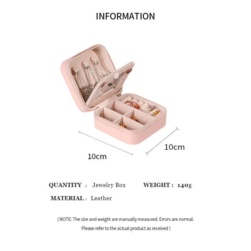 Travel Jewelry Case With Mirror Necklace Earrings Ring Organizer Display Boxes Pu Leather Zipper Jewelry Storage Box Portable