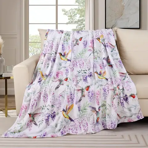 Tupmnbry Hummingbird Floral Blanket Purple Flowers Throw Blanket Super Soft Flannel Fleece Blankets Lightweight Fluffy Plush Bed Blankets for Bedding Sofa and Travel 50"X60"