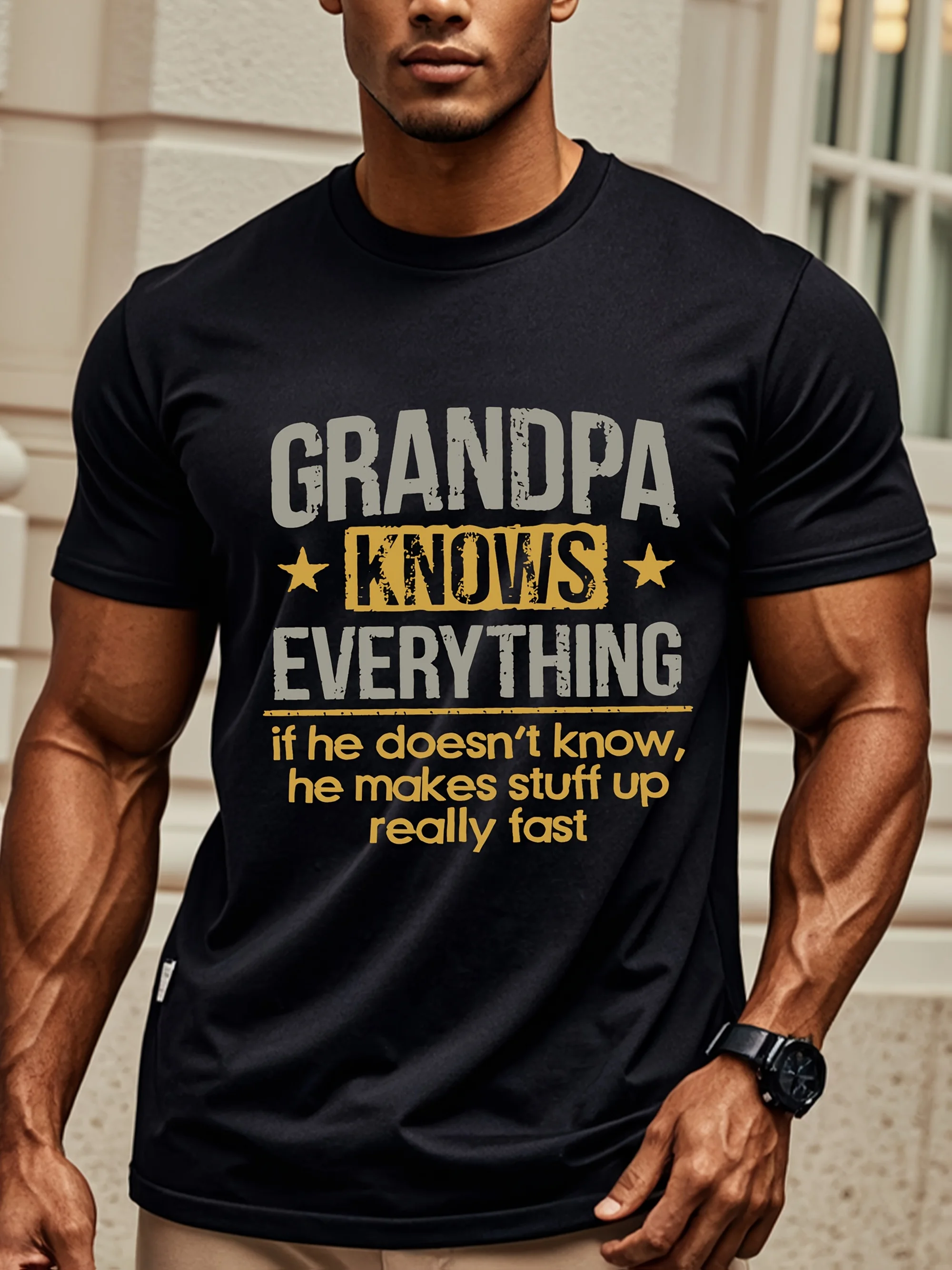 Grandpa Knows Everything graphic T-shirt for men, black cotton T-shirt, soft 100% cotton