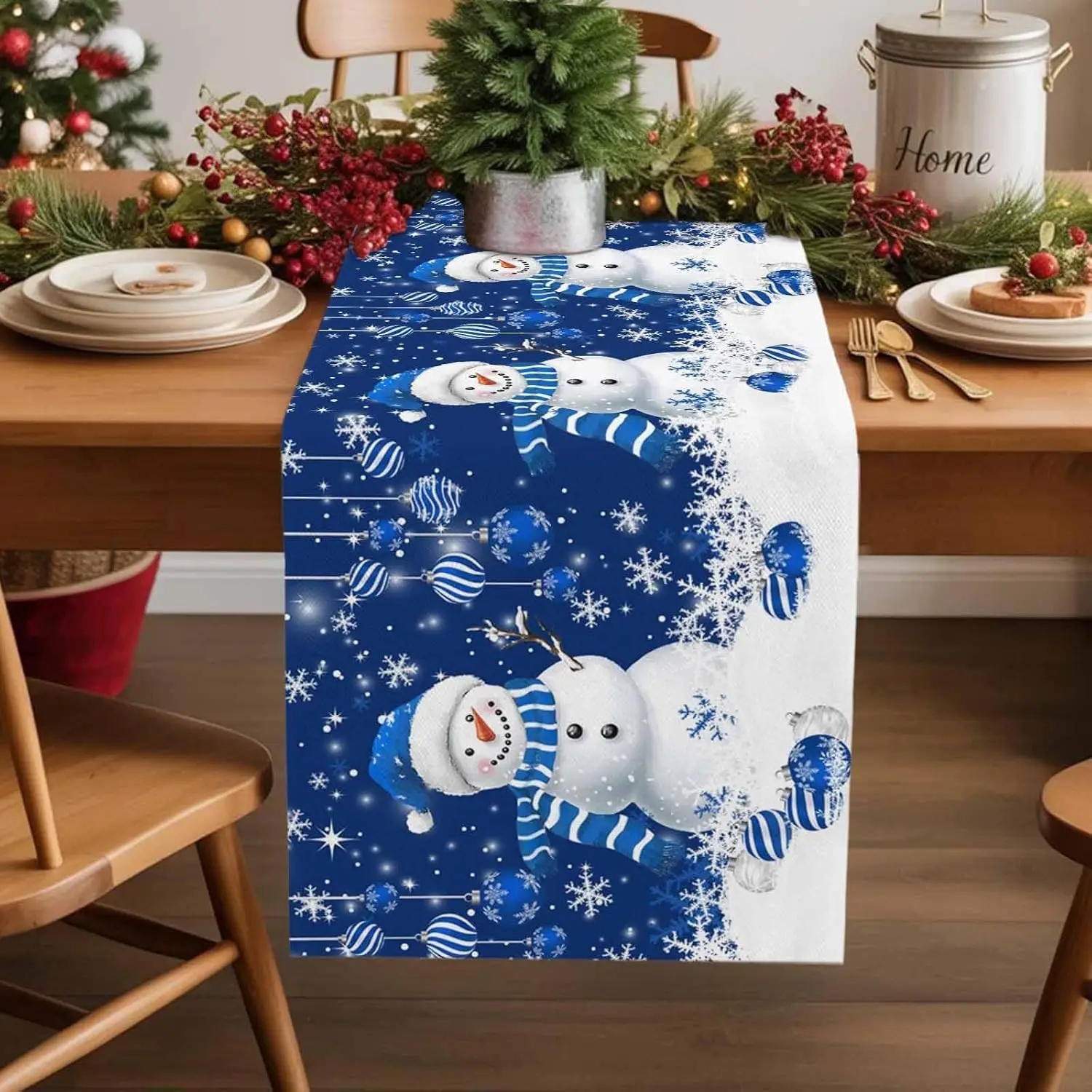 

Christmas Snowman Xmas Balls Snowflake Linen Table Runner Party Decor Winter Kitchen Dining Table Runner Christmas Decoraitons