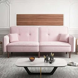 Modern Pink Velvet Convertible Sleeper Sofa Bed with Wood Legs and Memory Foam 75