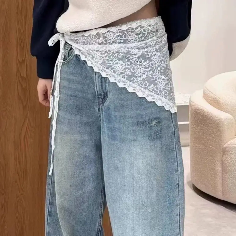 

Ins Y2K Lace Half Skirt Triangle Flower Embroidery Gauze Skirt Korean Style Lace-up Lace Open Skirts Party