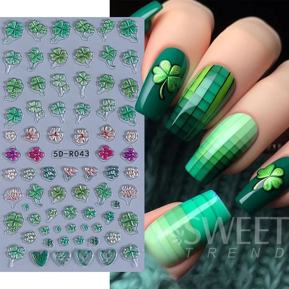 Adesivo per unghie con quadrifoglio verde in rilievo 5D, giorno di San Patrizio, foglia fortunata, cuore nuziale, decalcomania fai da te, cursore, decorazione artistica per manicure