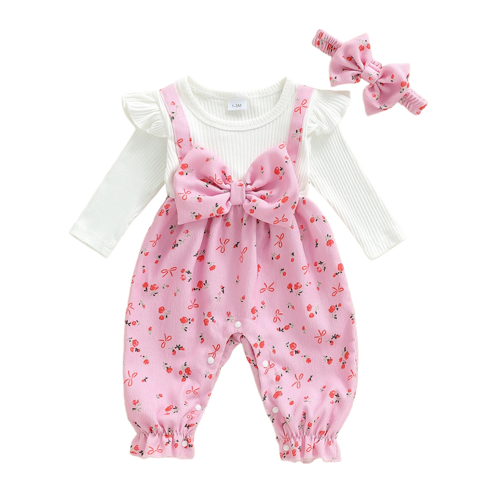 

Baby Girl Fall Outfit, Long Sleeve Floral Bow Print Jumpsuit with Headband Baby Clothes