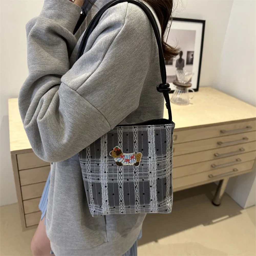 Cartoon Puppy Underarm Bucket Bag Sweet Wave Point Small Tote Bag Portable Trendy Woman Handbag College Girls