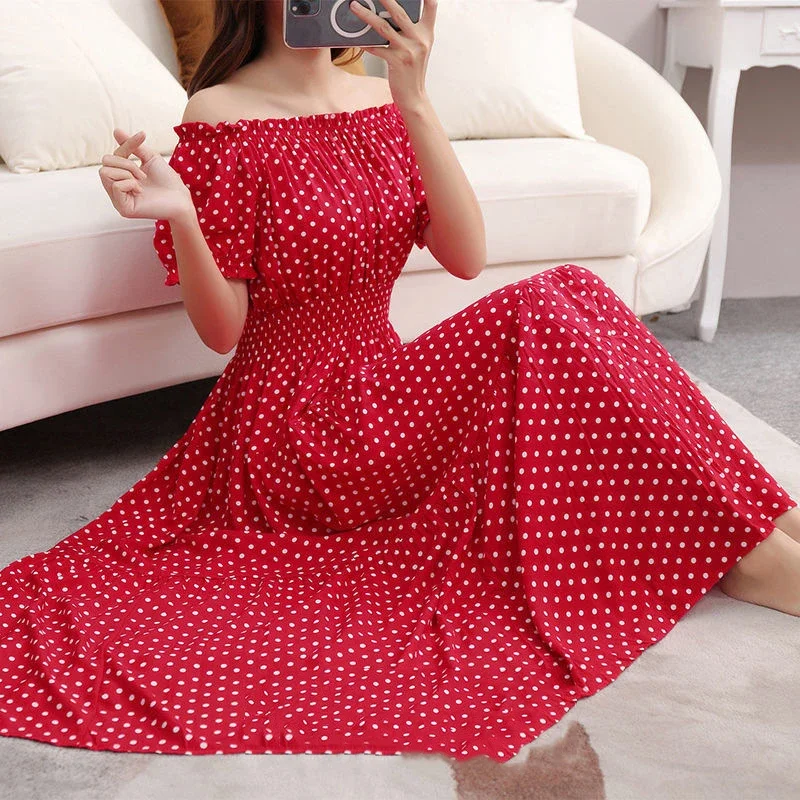 Retro French Floral Cotton Silk Dress Slimming Off Shoulder French Floral Dress Beach Vacation Gown Lantern Sleeve Ankle Length