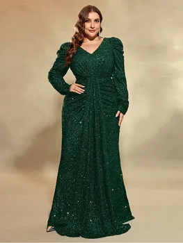 Plus Size V-Ausschnitt Langarm Hochzeitsbankett Pailletten Mehrfarbiges langes Kleid 4XL 5XL Große Größe Luxuriöses funkelndes Abendkleid