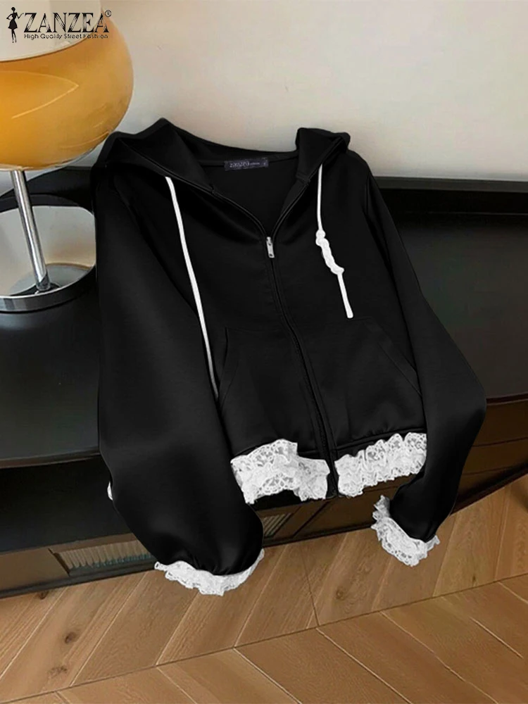 ZANZEA ファッションジップアップパーカー 2025 秋冬スウェットシャツ女性レースパッチワークフード付きカジュアルルーズアウターカーディガンコート
