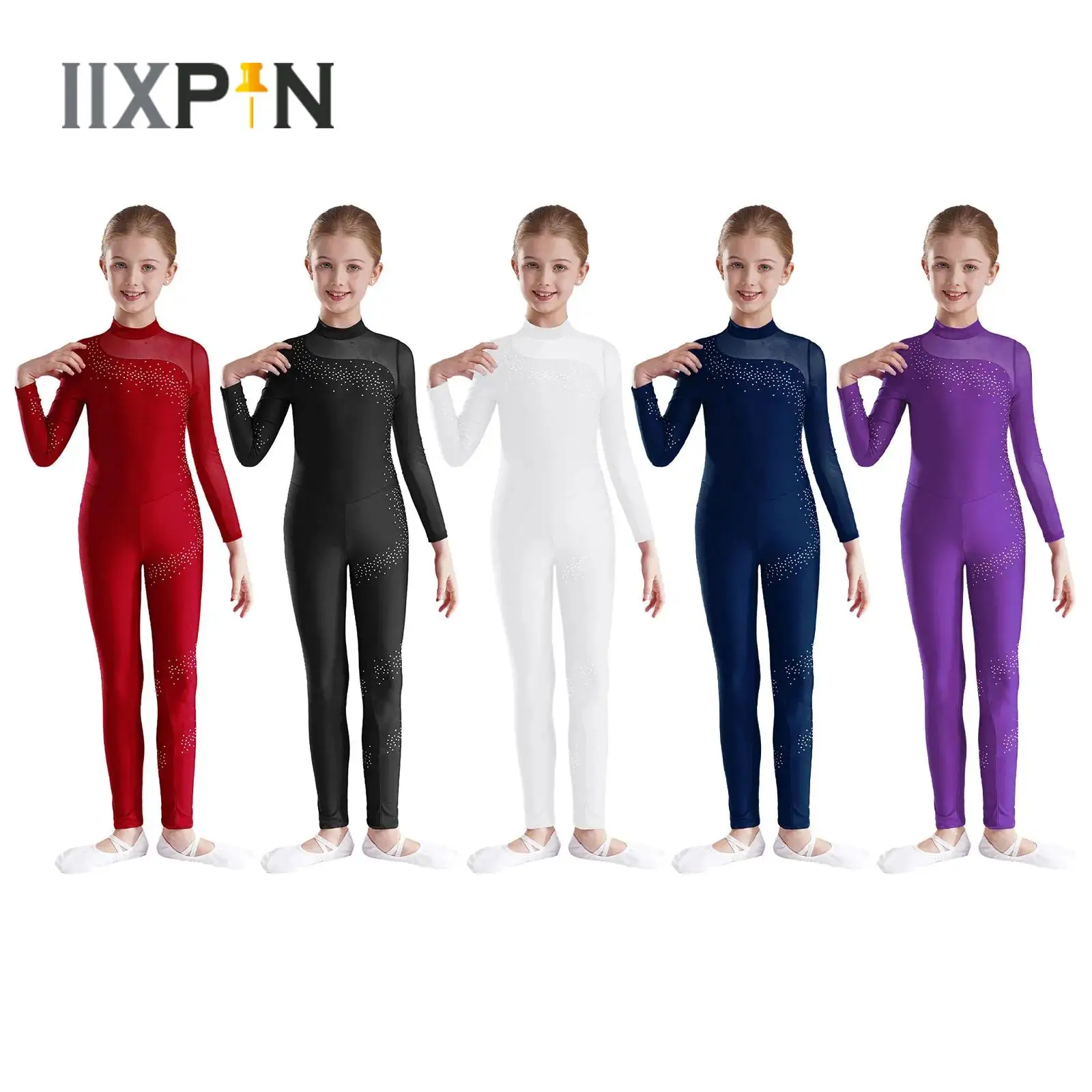 Kids Girls Figure Skating Gymnastics Jumpsuit Sparkly Rhinestones Sheer Mesh Patchwork Long Sleeve Yoga Ballet Dance Bodysuit