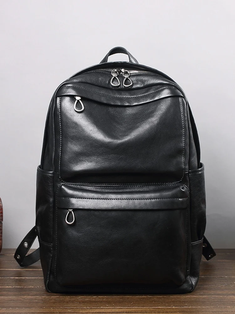 Cowhide Leather Men\'s Backpack Large Capacity Travel Backpacks Casual Trendy Computer Bag Soft Black Leather Portable Schoolbag