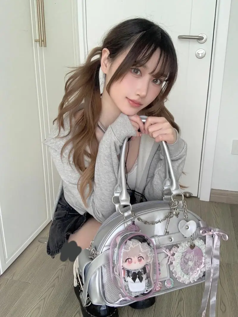 Xiuya Japanese Cute Handbags for Women Lolita Cute Itabag Fashion Silvery Sweet Girls Underarm Biker Bags Casual Shoulder Bag