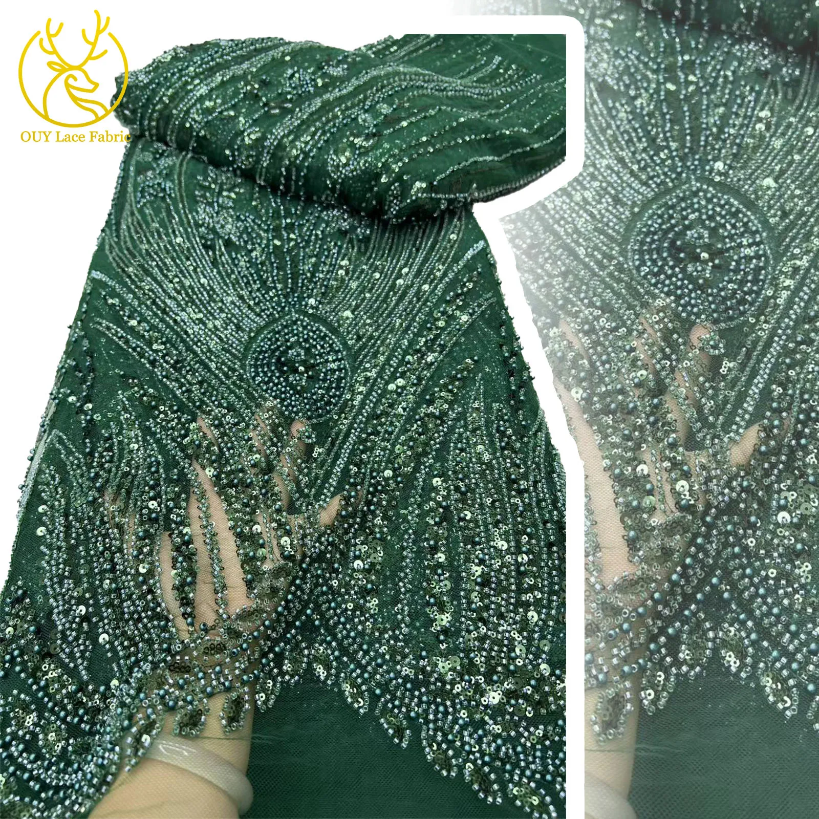 

Green African Beaded Tulle Lace Fabric 2025 High Quality French Nigerian Sequins Embroidered Lace for Party Dress Sewing 5 Yards