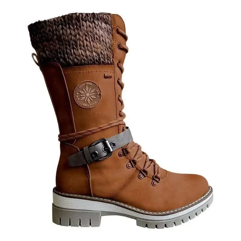 Platform Shoes 2024 Winter Buckle Lace Up Knitted Mid-calf Boots Low Heel Round Toe Warm Boots Plus Size 36-43 Botas De Mujer