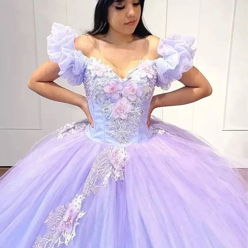 Lilac Princess Quinceanera Dresses Ball Gown Off The Shoulder Tulle Appliques Sweet 16 Dresses 15 Años Mexican