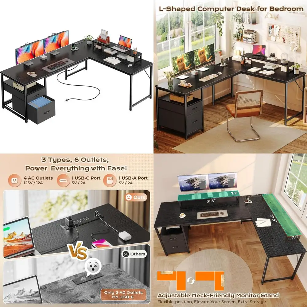 

63 L-Shaped Desk with Power & USB-C, Modern Home Office Desk with Storage Drawers