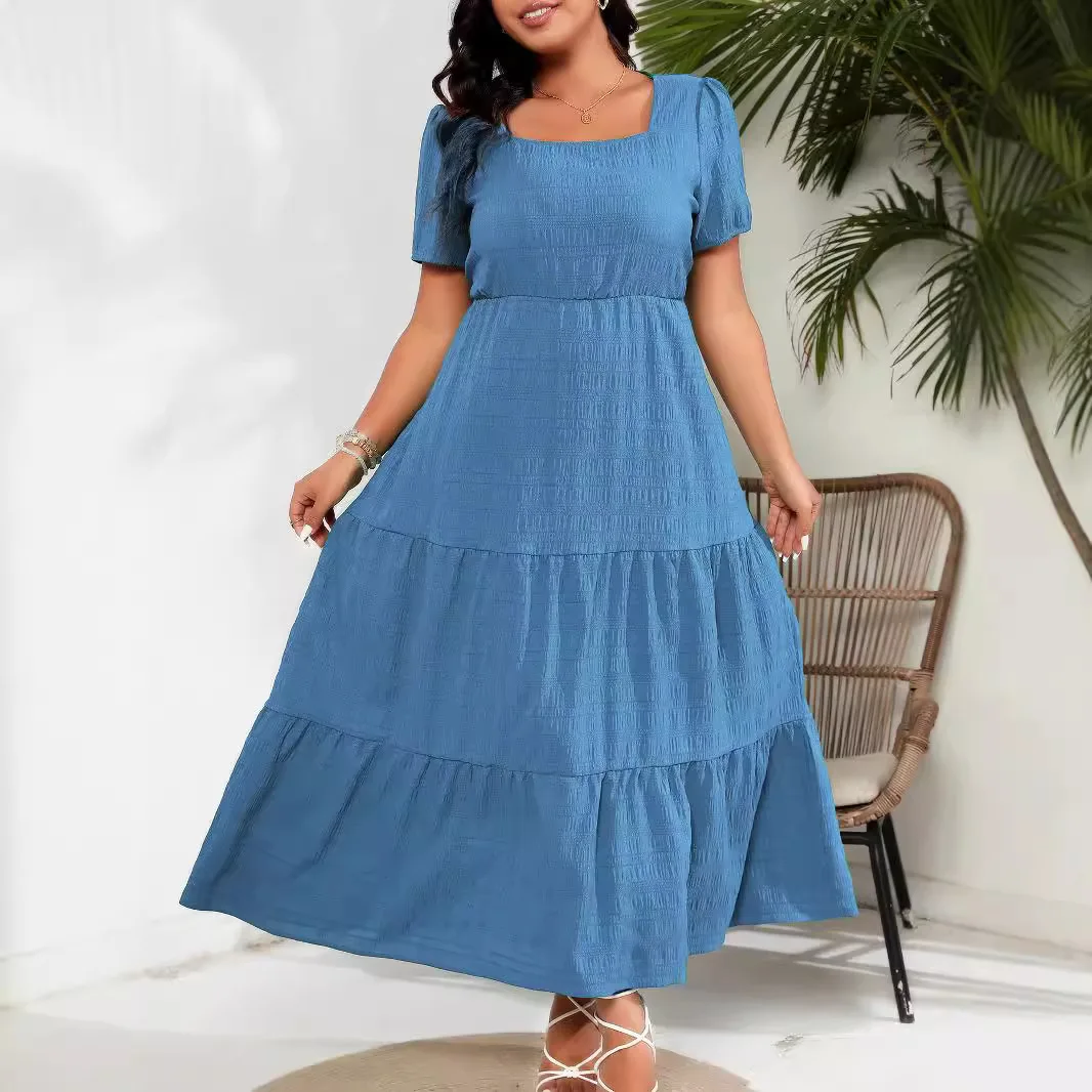 Ele plus Size Dres with kets ort Sve Square Collar Ba Gathered Women's Faion Cross-Border Gown