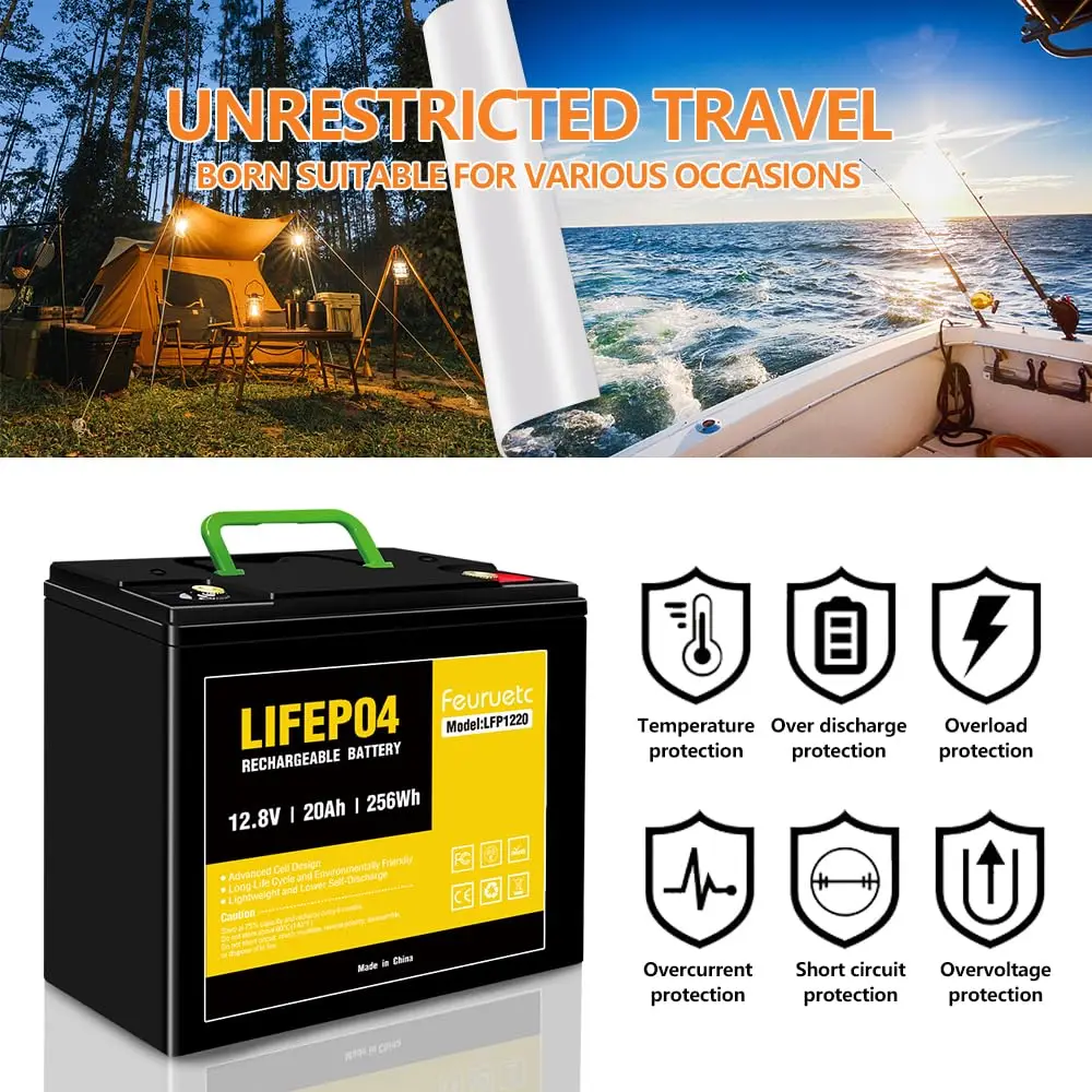 12V 20Ah LiFePO4 Lithium Battery, 4000+ Cycles, Maintenance-Free Battery for Camping， Fish Finder, Scooter, Security System