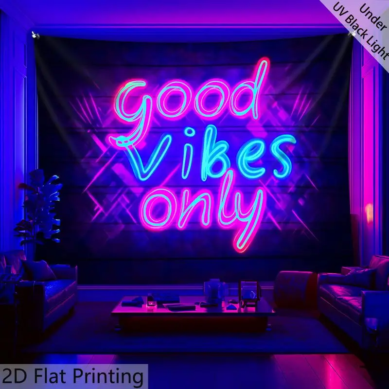 VIKAMA Neon Text Tapestry Good Vibes Only UV Reactive Wall Hanging Teen Dorm Living Room Party Background Decor