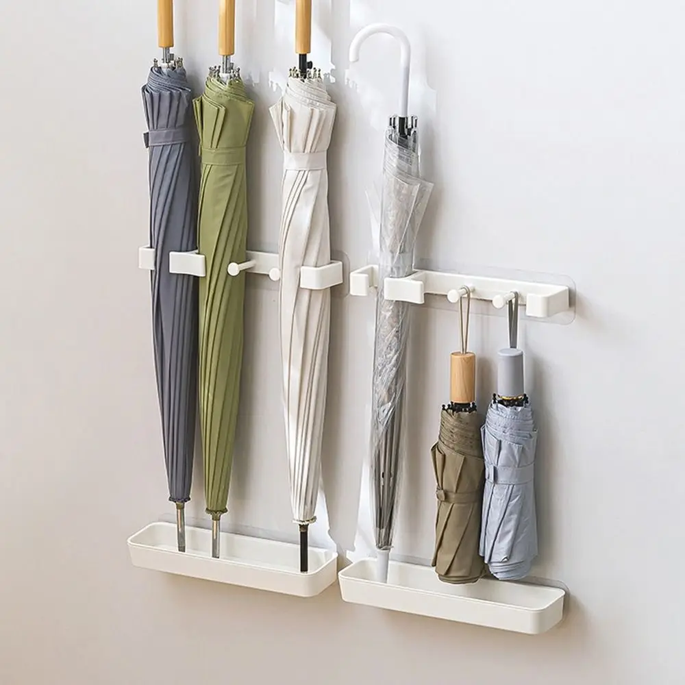 

White Wall Mounted Umbrella Rack Plastic Drill Free Umbrella Storage Holder Anti-slip with Water Tray Umbrella Leaching Shelf