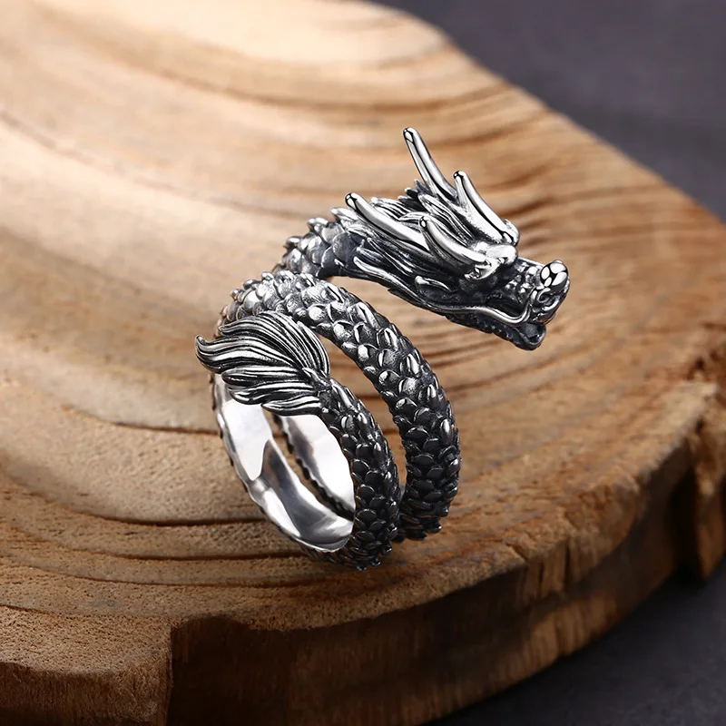 Wholesale 925 sterling silver ring Seiko domineering dragon ring ring opening Thai silver vintage trendy unique ornament