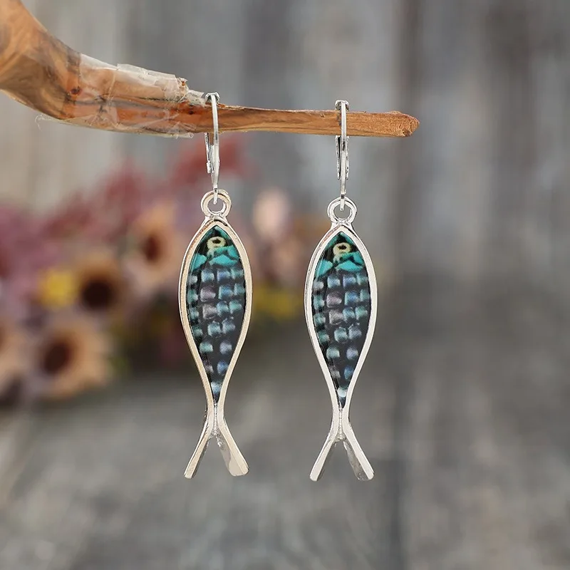 Vintage Personality  Silver Color Metal Carving Multicolour Fish Dangle Earrings for Women Party Ethnic Jewelry