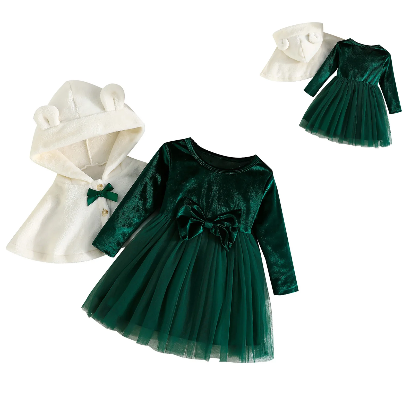 

Toddler Baby Girls Christmas Outfit Winter Warm Fleece Hooded Cloak with Bow Velvet Tulle Dress for Wedding Party Photo Shoots
