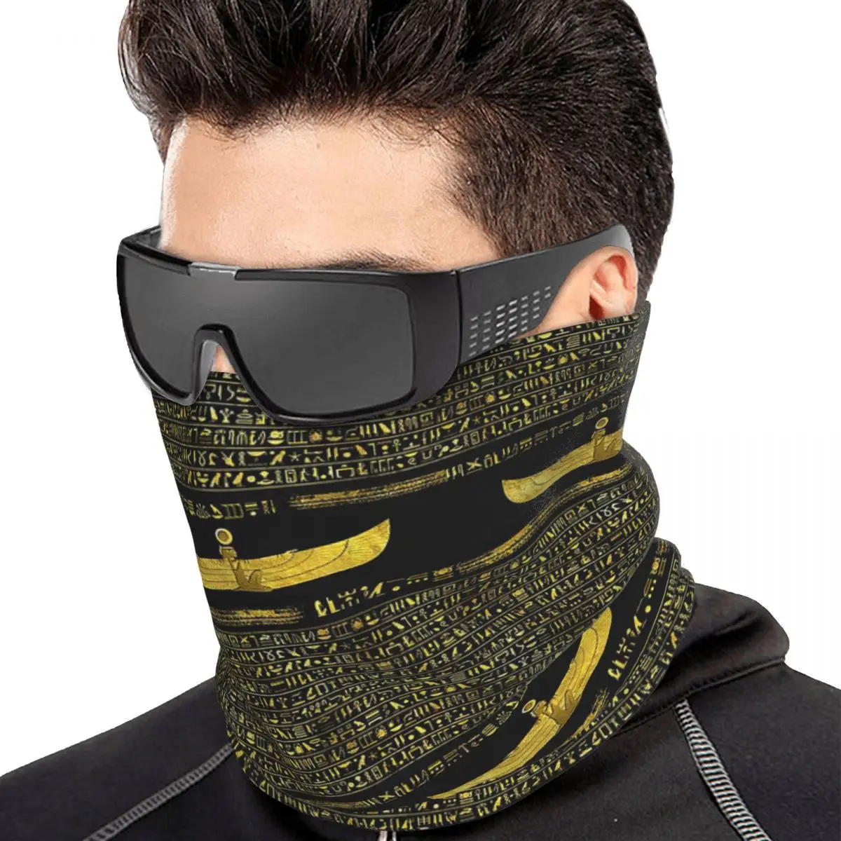 Golden Egyptian God Ornament On Black Leather Multifunctional Elastic Neck Gaiter Wind Proof Face Cover Bandana Unisex