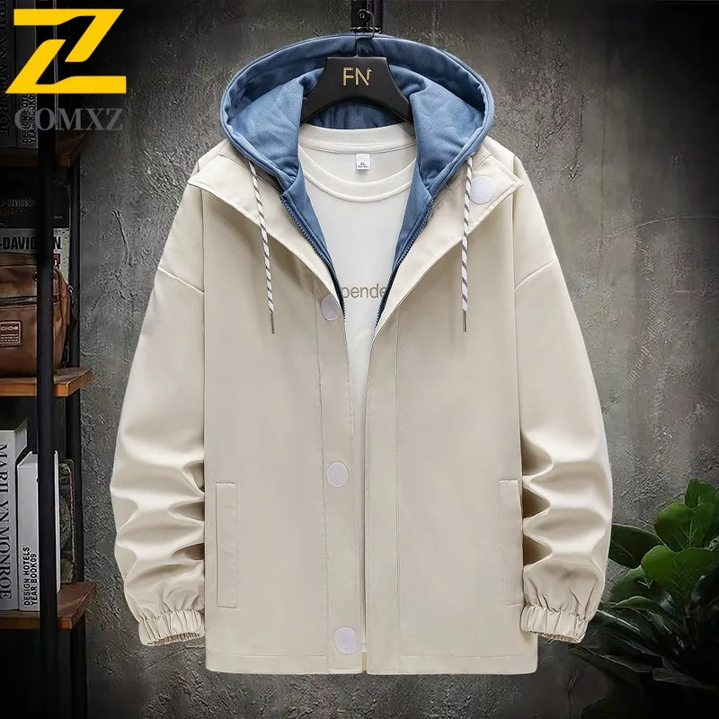 COMXZ 2025 Mens Korean Style Faux Two Piece Hooded Jacket Spring Autumn Breathable Versatile Trendy Casual Coat