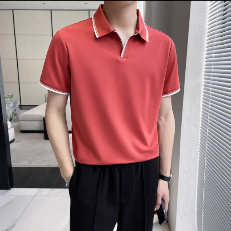 

Light Ripe Wind Young V-neck Patchwork Color Mulberry Silk Lapel T-shirt Men's Short-sleeved POLO Shirt Multiple Bright Colors