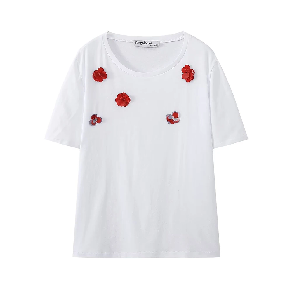 2024 Women's Fashion New Unique and Elegant Flower Decoration Casual T-shirt