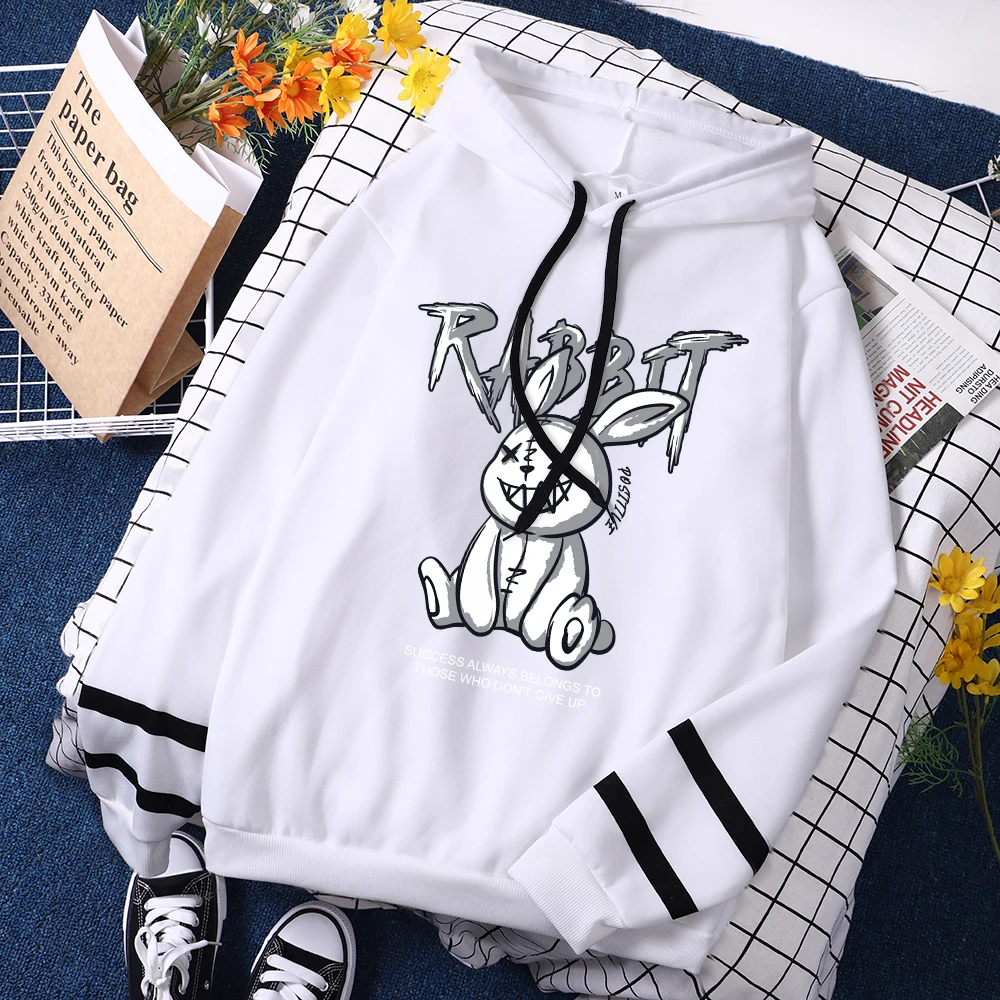 Cute Rabbit Funny Graphic Hoody Women\'s Street Casual Breathable Sweatshirt Autumn Loose Hooded Simple Fleece Pullover Tops