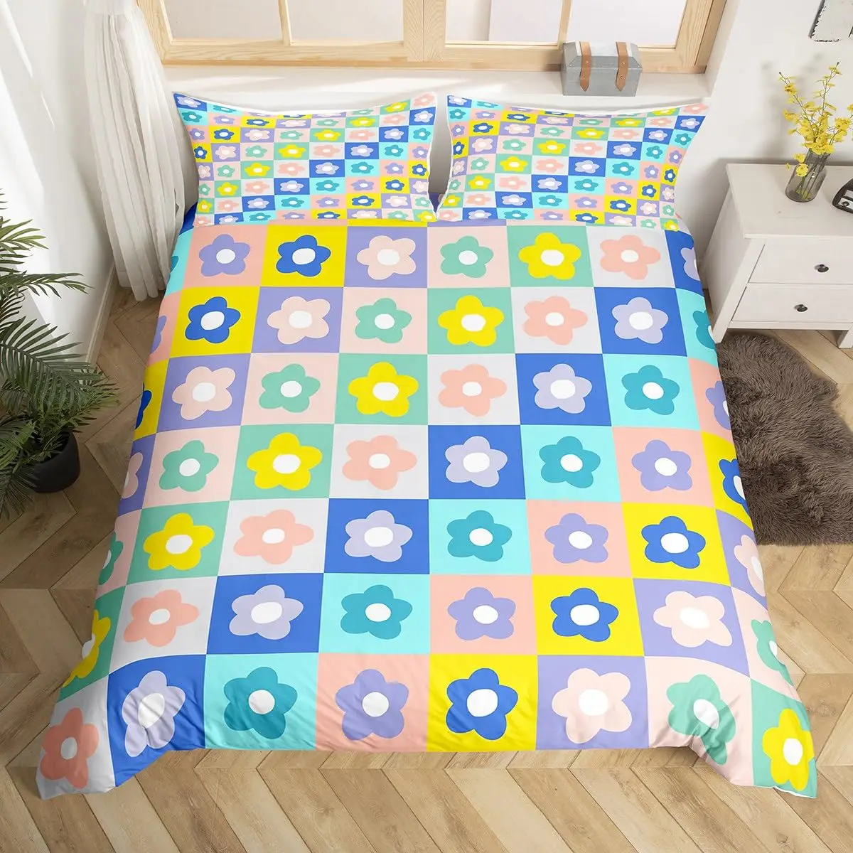 juego-de-ropa-de-cama-con-estampado-floral-colorido-para-ninas-funda-de-edredon-con-diseno-floral-groovy-de-los-anos-60-y-70-estilo-funky-hippie-funda-de-edredon-con-estampado-geometrico-a-cuadros