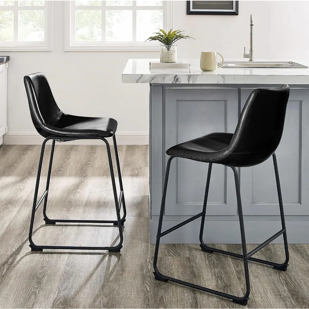 26 inch Bar Stools Set of 2, Modern Counter Height Bar Stools, Faux Leather Barstool with Back and Metal Leg