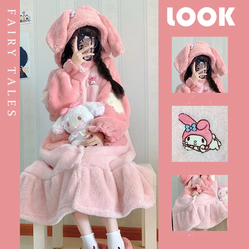 

Miniso My Melody Pajamas Set Warm Loungewear Suit Girl Women Winter Flannel Pink Cartoon Hooded Robe Pants Sleepwear Set