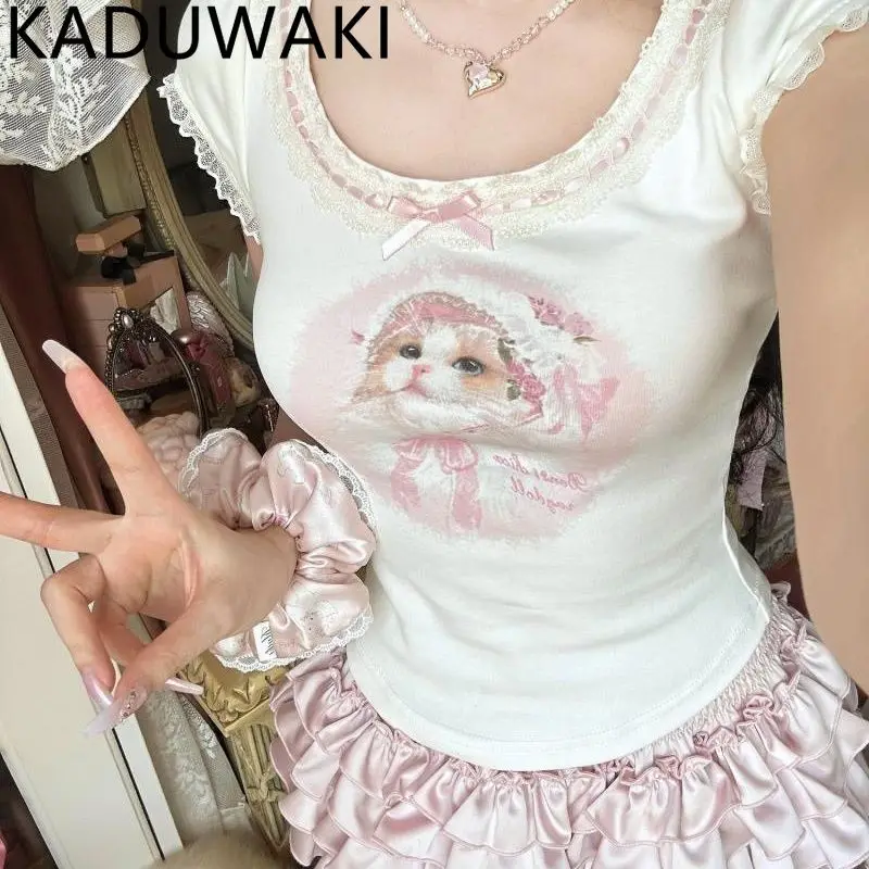 

Sweet Spicy Girl Cartoon Print Short Sleeve Tshirt Lace Bow Patchwork O-neck Pullover Tee Y2k Aesthetic Fairystreetwear Top