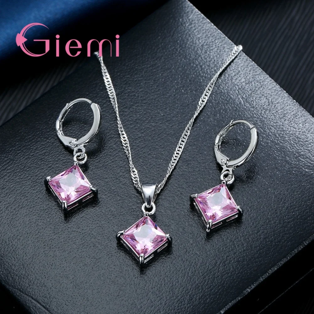 Big Promotion 925 Sterling Silver  Necklace Earrings Jewelry Sets for Women Female Classic Square Clear Zircon Bijoux