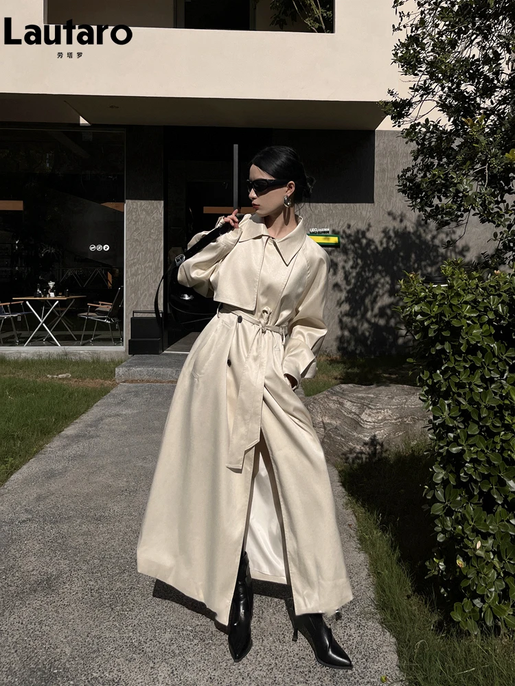 Lautaro Spring Autumn Long Shiny Soft Flowy Trench Coat for Women Sashes Double Breasted Loose Casual European Overcoat 2024