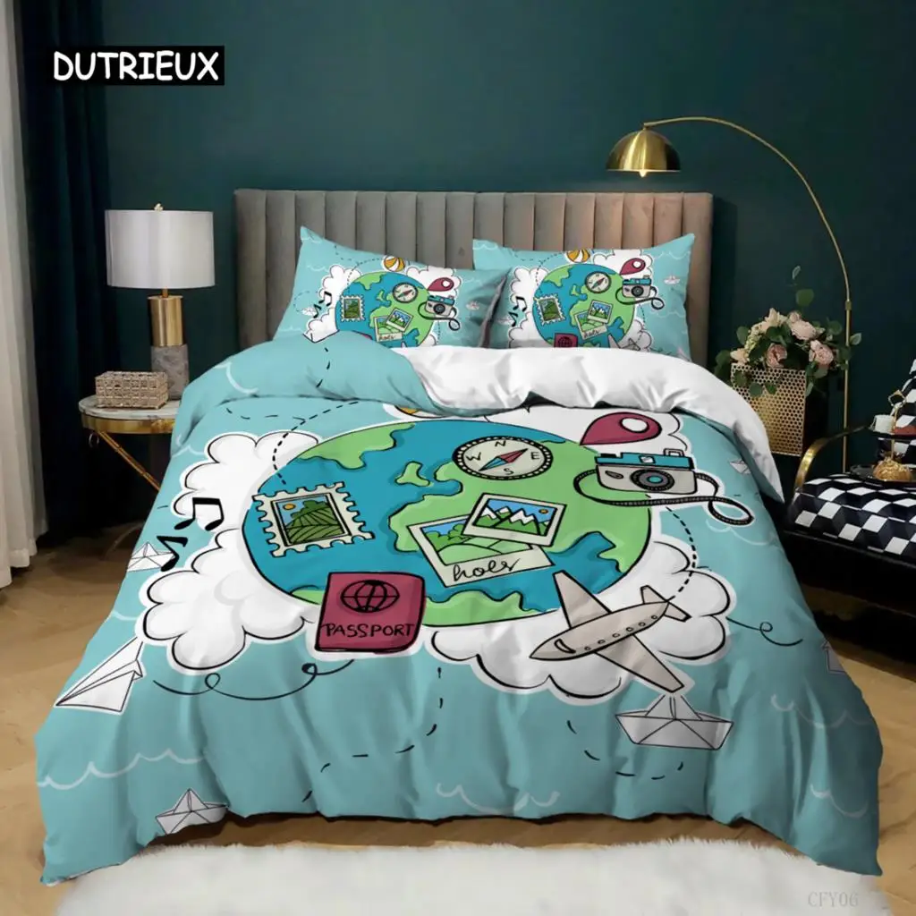 Earth Duvet Cover Set King Size Polyester Blue Globe Print Compass Camera Airplane Passport Pattern Comforter Cover for Teen Boy