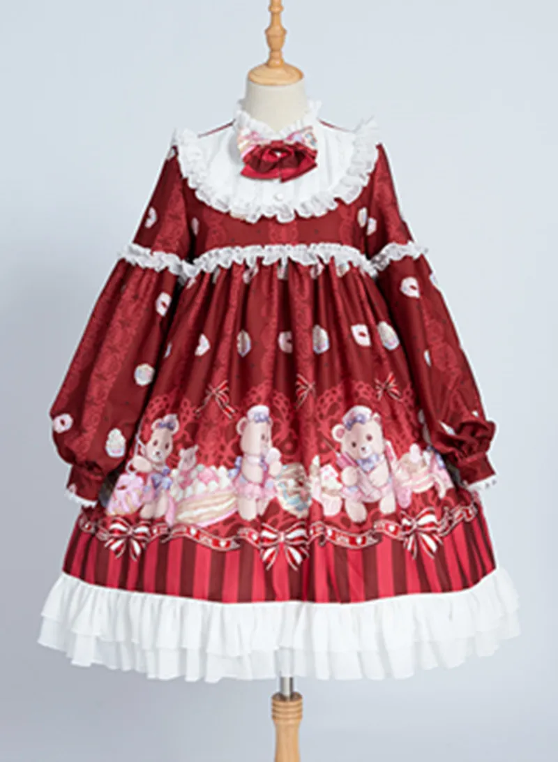 Lolita Dress Long Sleeve Nurse Bears Printed Bow and Pleated Ruffles Lolita One Piece Dress