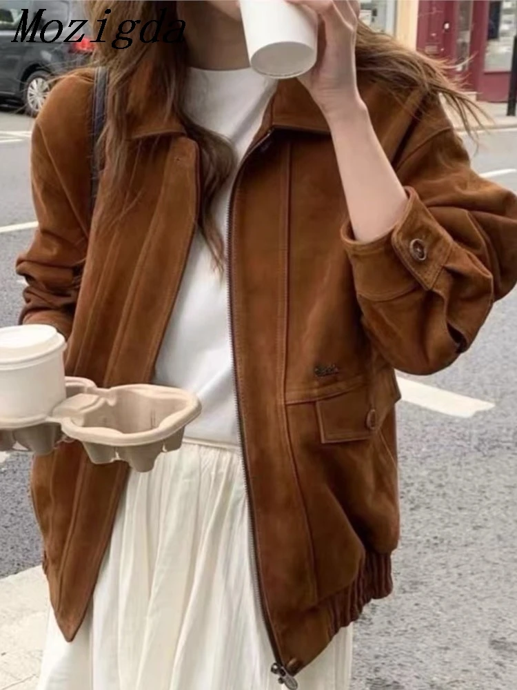 

Autumn Winter Brown Baseball Jacket Women Suede Velvet Lapel Zipper Design Loose Fit Versatile Retro Long Sleeve Ladies Coats