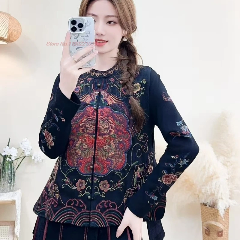 2025 national flower embroidery satin jacquard vintage vest chinese o-neck folk vest oriental hanfu tops retro sleeveless jacket