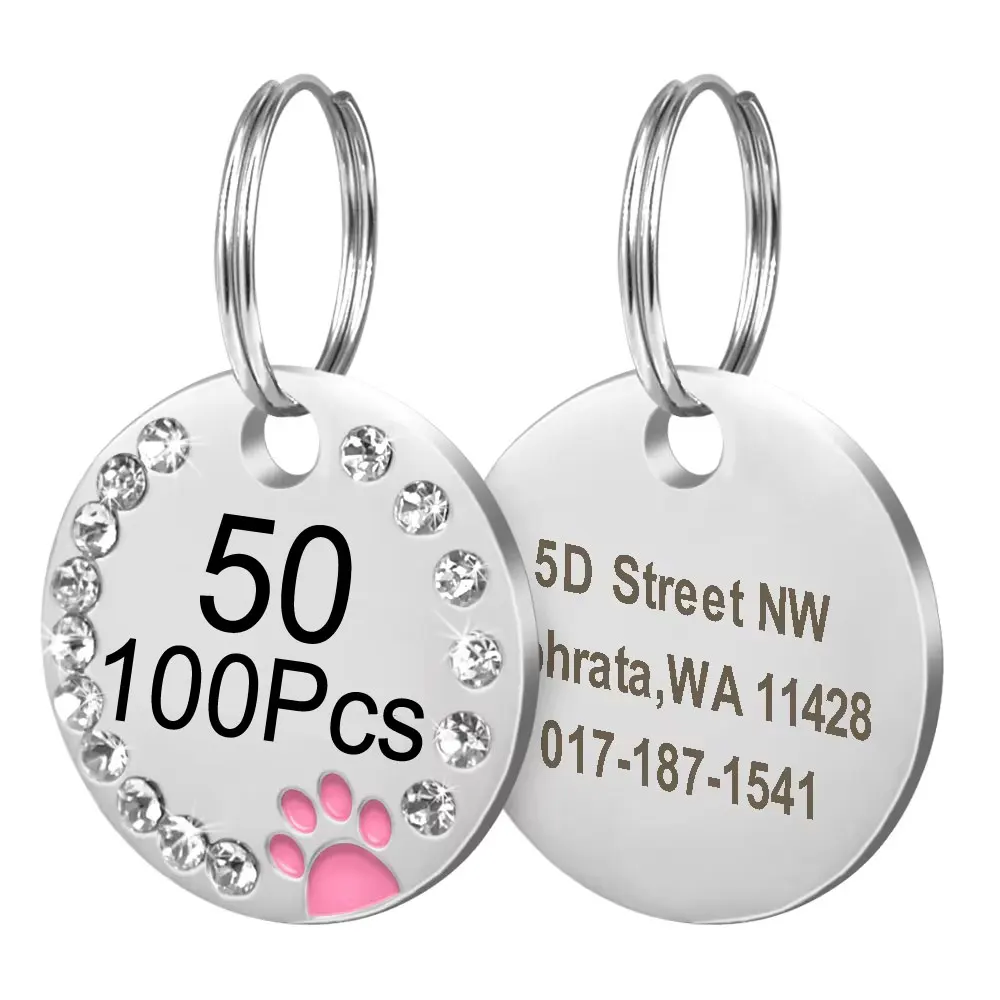 Wholesale 100/50Pcs Rhinestone Cute Circle Paw Engraved ID Dog Tag  Alloy Pet Shop For Animal Plate Personalized