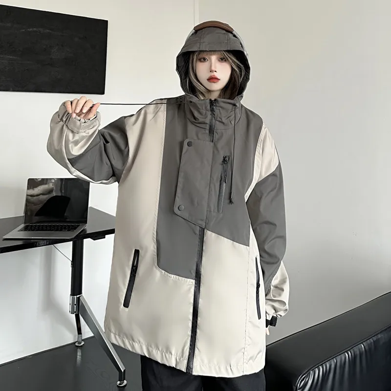Women Coat Contrast Color Patchwork Hooded Jumpsuit For Women's Autumn Oversize Casual Mid Length Cardigan Jacket Trend